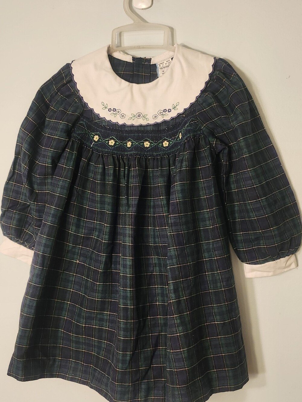 Vintage Baby Togs Girls' Green Plaid Smocked Dress with White Peter Pan Collar